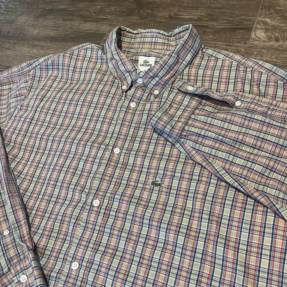 LACOSTE Shirt Mens 4XLT Green Plaid France Design Long Sleeve 100% Cotton